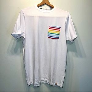 Free Planet Mens Small Love Is Love Rainbow Pocket LTBGQ Crewneck White T Shirt
